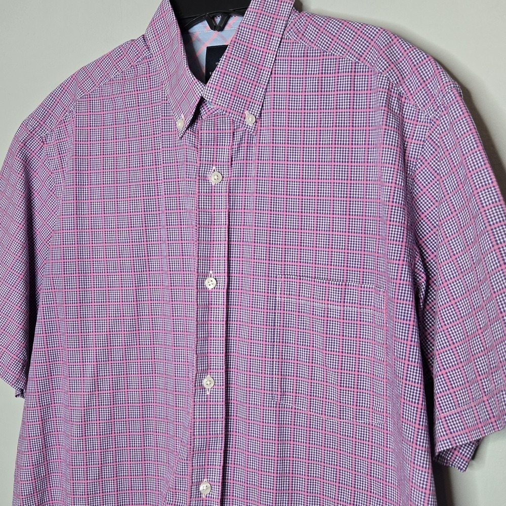Tailorbryd Casual Short‎ Sleeve Button Down Tattersall Plaid Pink Purple Large